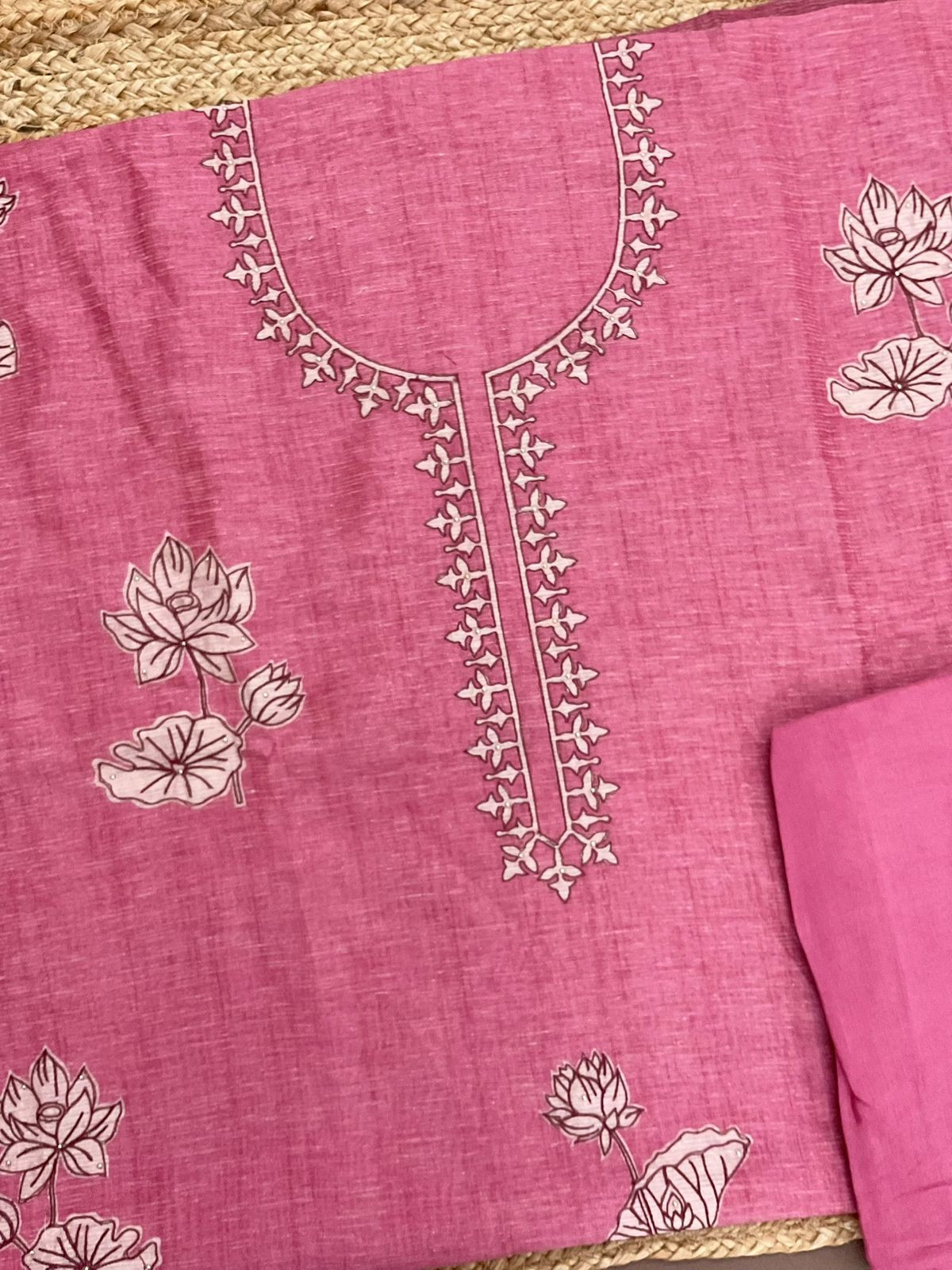 Soft Tissue Slub Cotton Printed Embroidered Suit - Pink