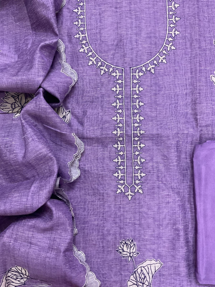 Image of Soft Tissue Slub Cotton Printed Embroidered Suit - Purple