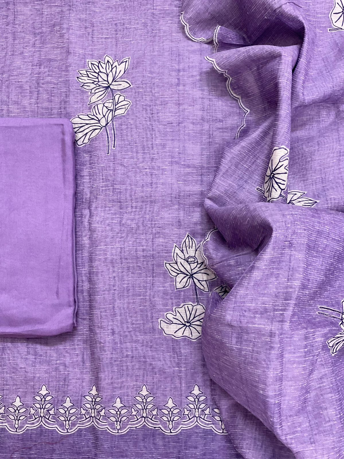 Soft Tissue Slub Cotton Printed Embroidered Suit - Purple