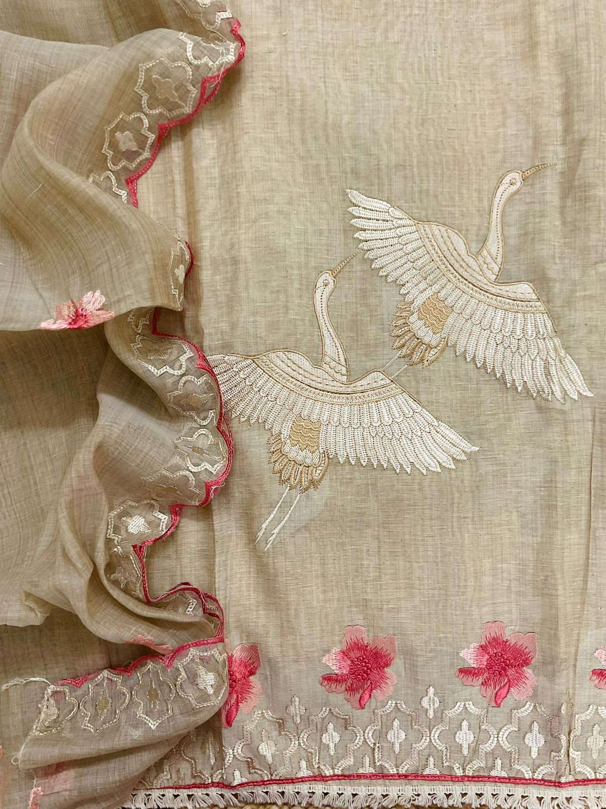 Soft Slub Chanderi Embroidered Suit - Beige