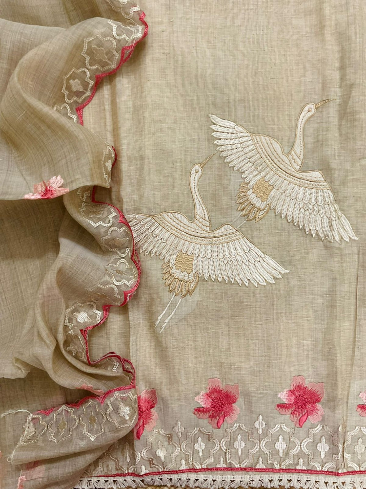Image of Soft Slub Chanderi Embroidered Suit - Beige