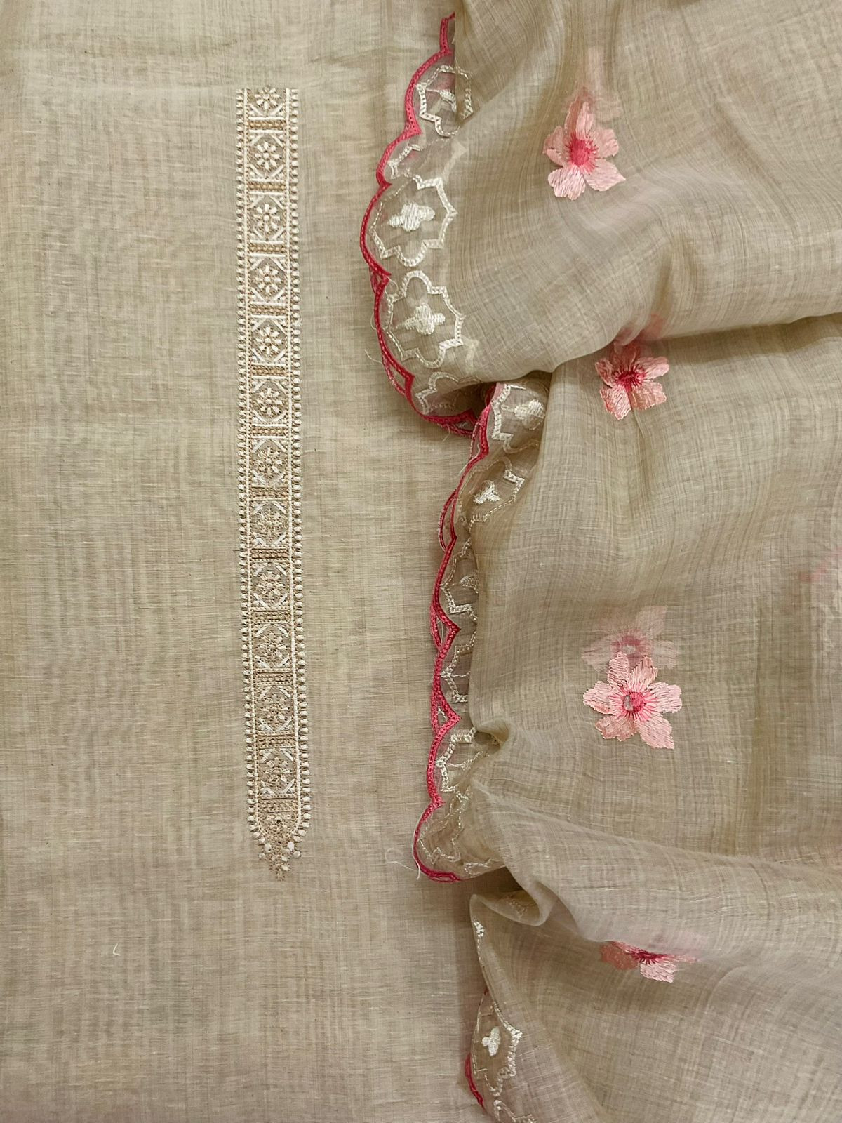 Soft Slub Chanderi Embroidered Suit - Beige