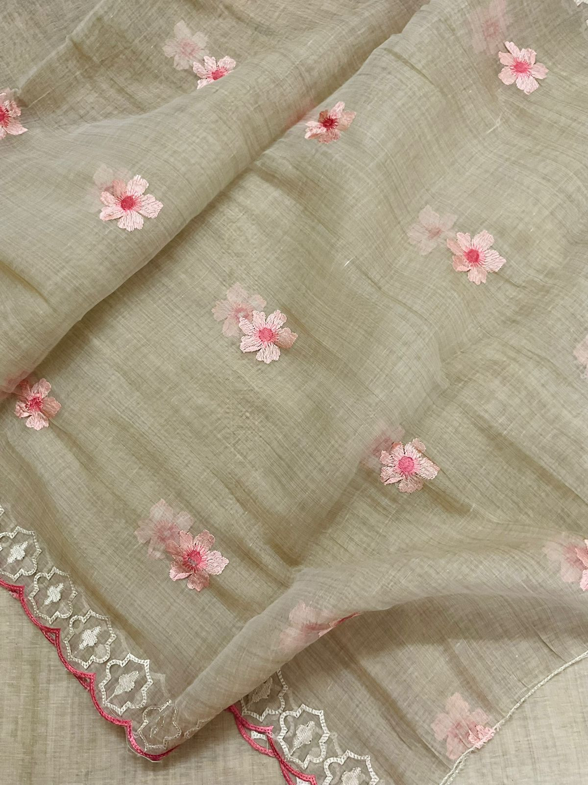 Soft Slub Chanderi Embroidered Suit - Beige