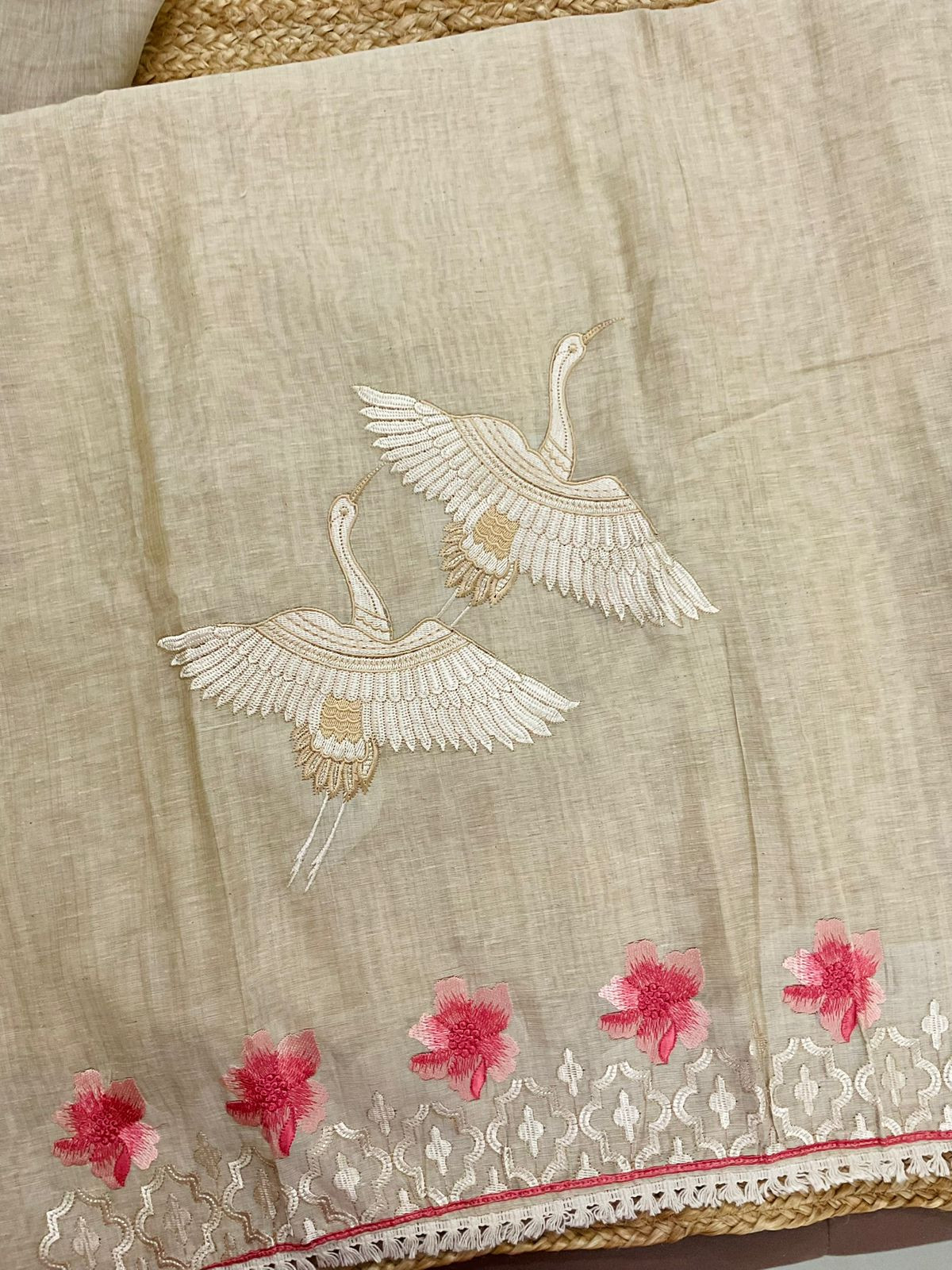 Soft Slub Chanderi Embroidered Suit - Beige