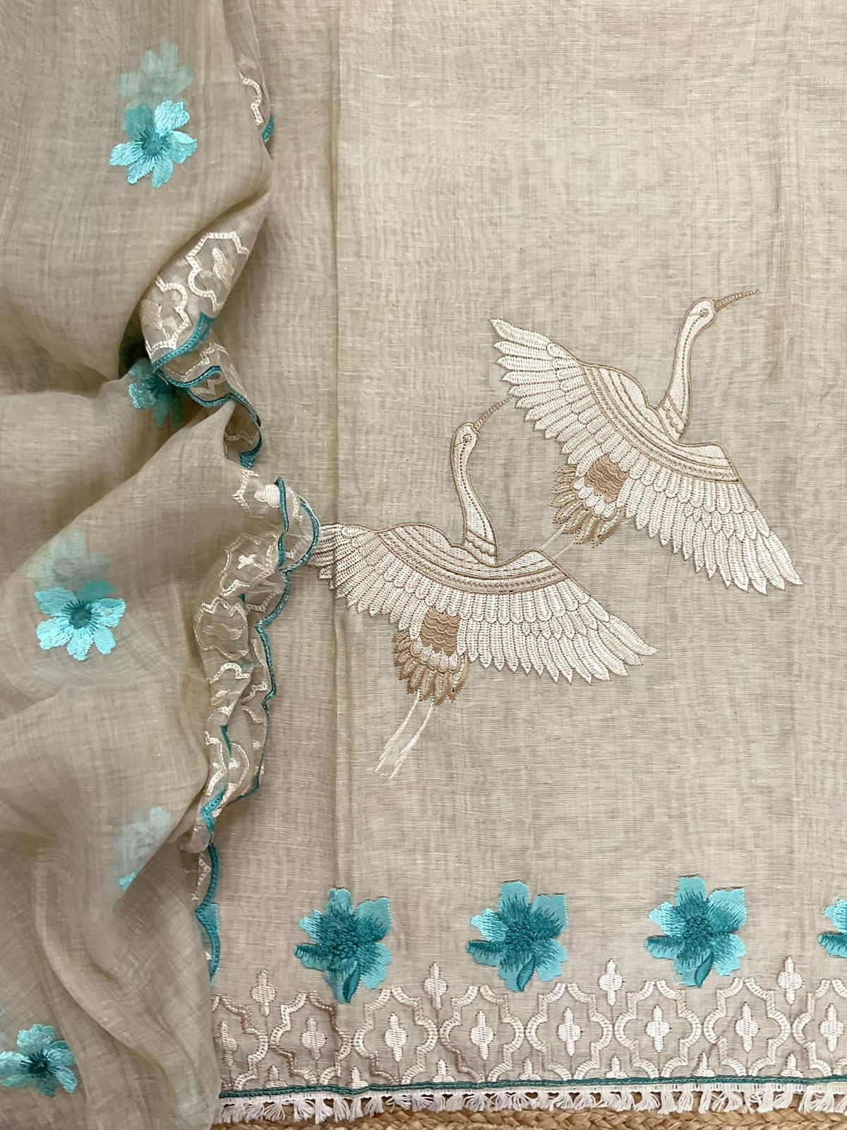 Soft Slub Chanderi Embroidered Suit - Beige