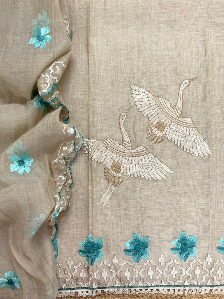 Image of Soft Slub Chanderi Embroidered Suit - Beige