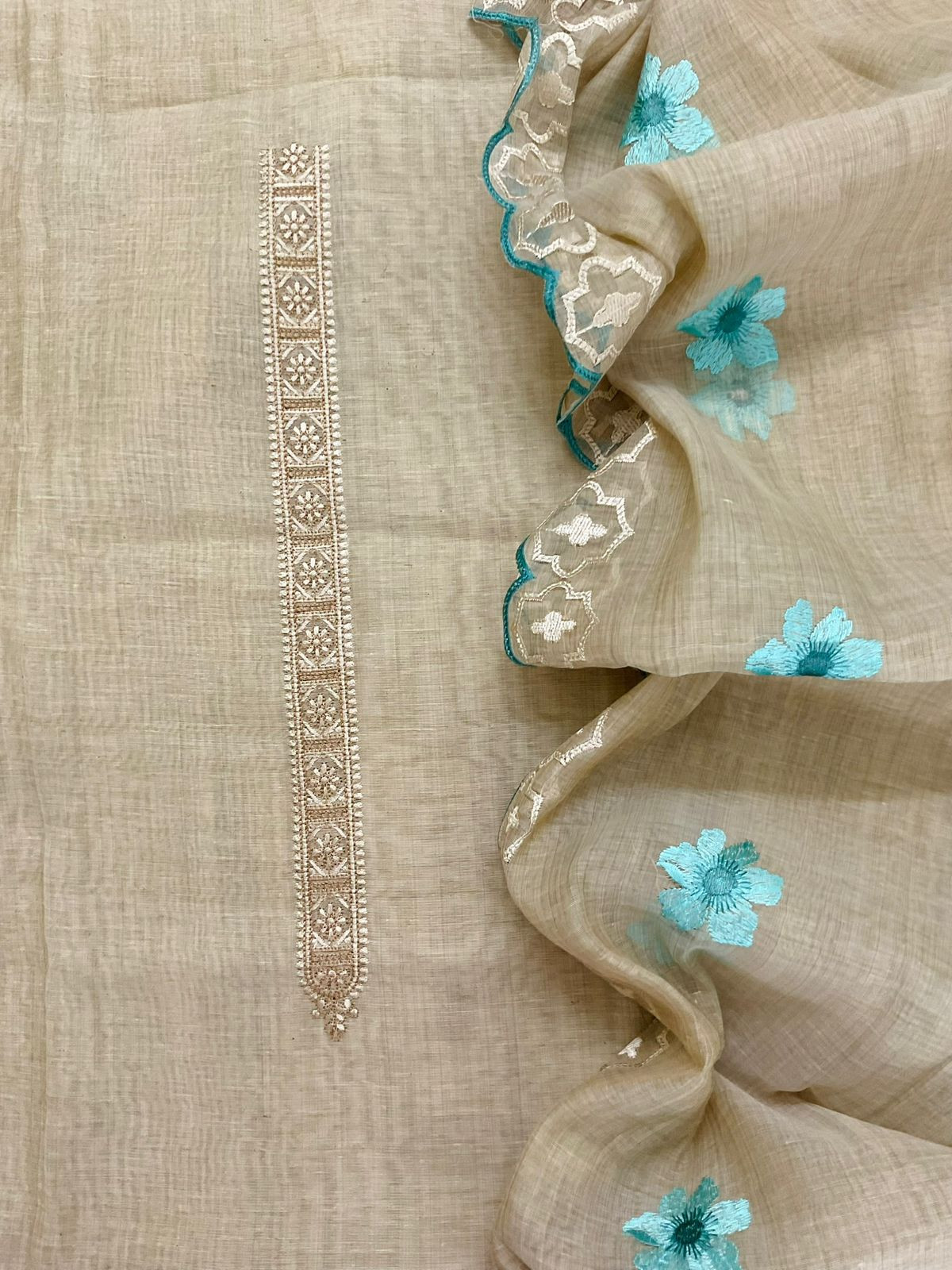 Soft Slub Chanderi Embroidered Suit - Beige