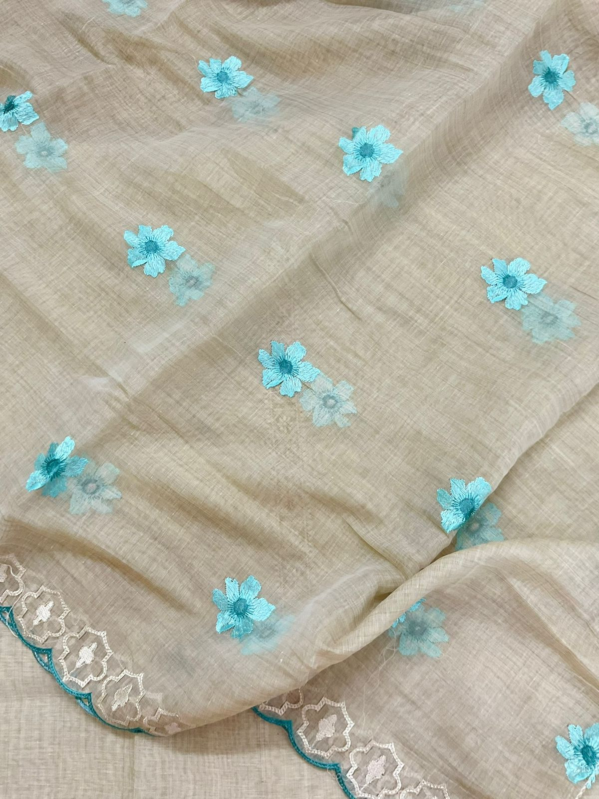 Soft Slub Chanderi Embroidered Suit - Beige