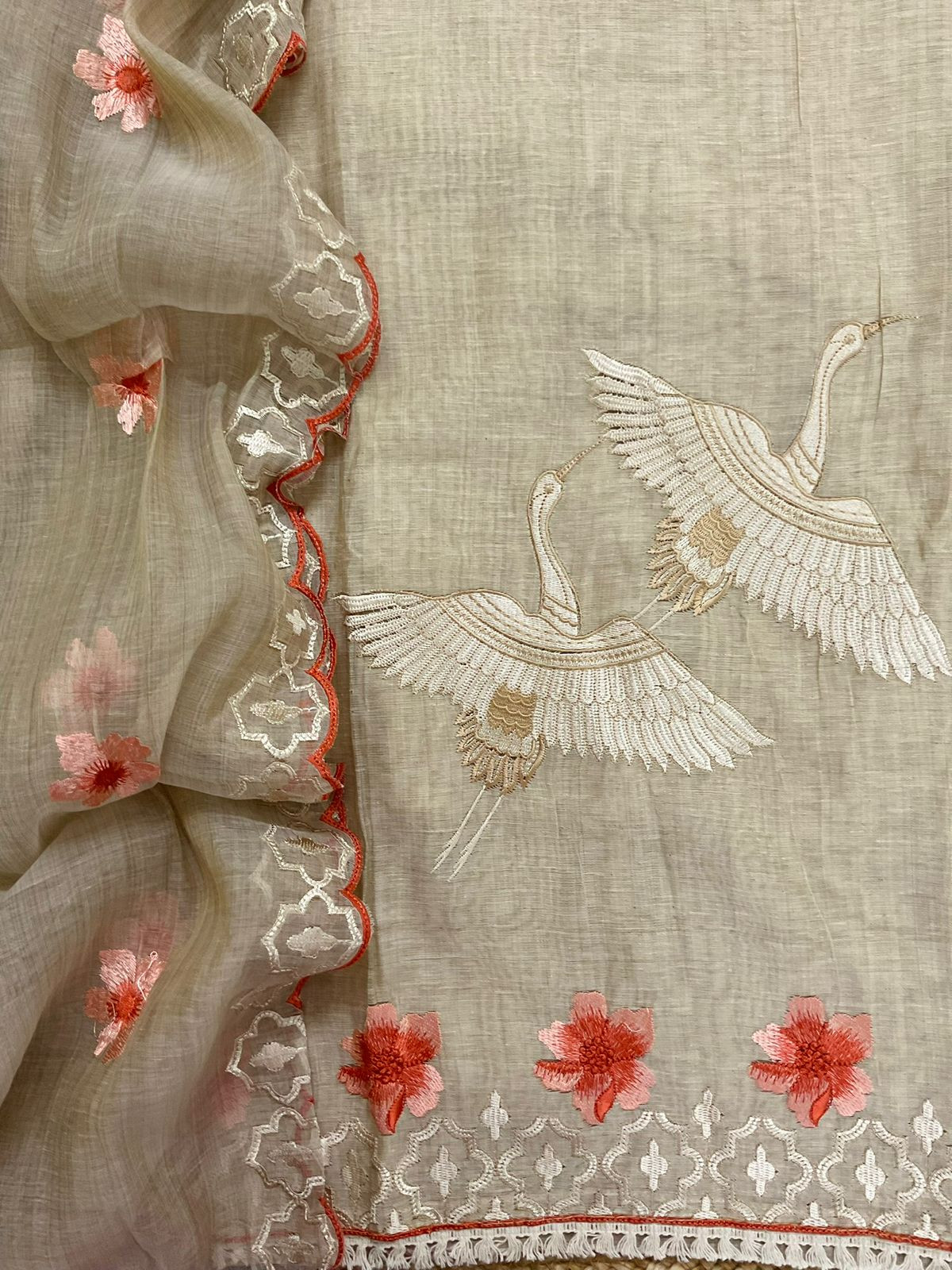 Soft Slub Chanderi Embroidered Suit - Beige