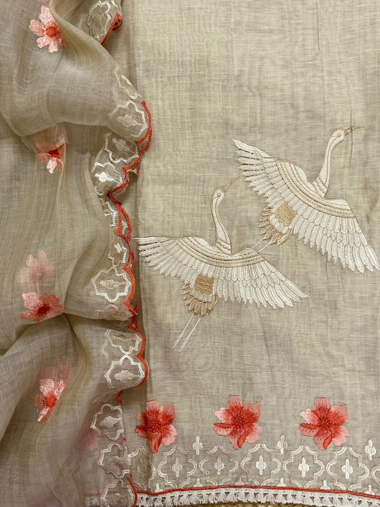 Image of Soft Slub Chanderi Embroidered Suit - Beige