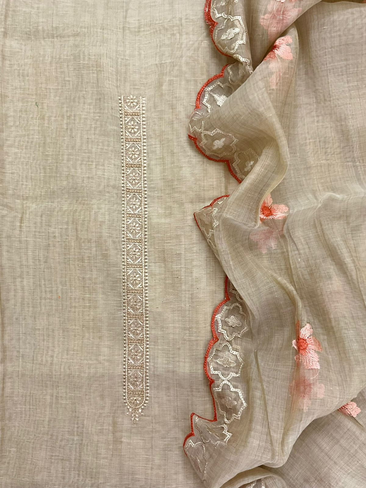 Soft Slub Chanderi Embroidered Suit - Beige