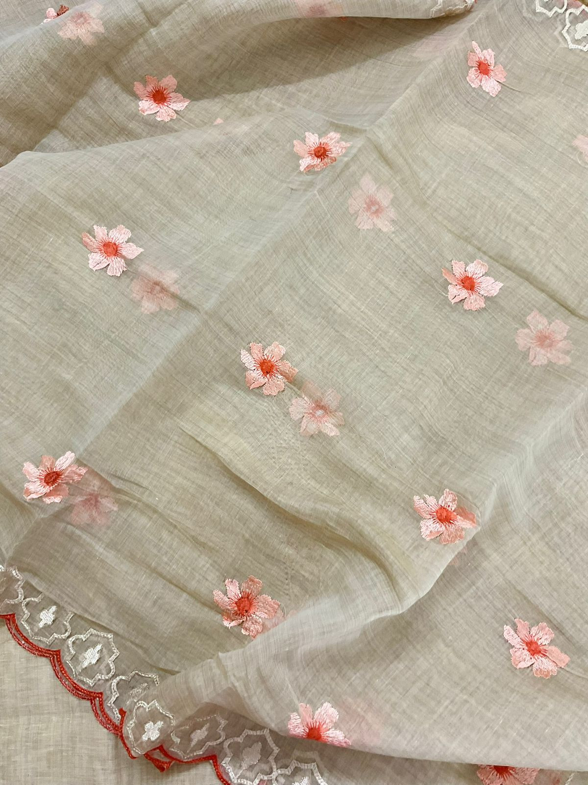 Soft Slub Chanderi Embroidered Suit - Beige