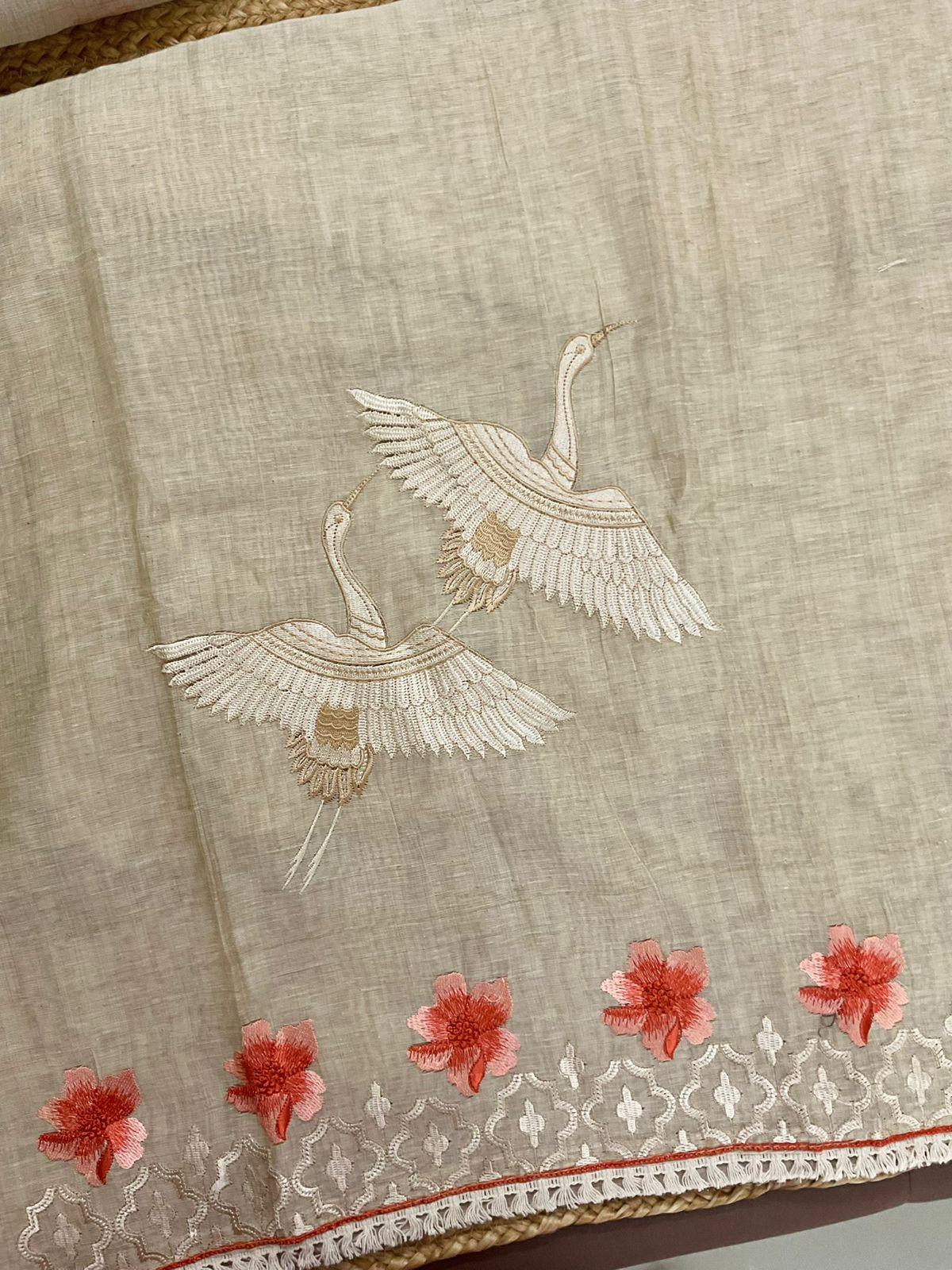 Soft Slub Chanderi Embroidered Suit - Beige