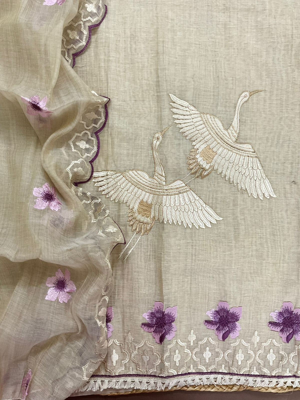 Soft Slub Chanderi Embroidered Suit - Beige