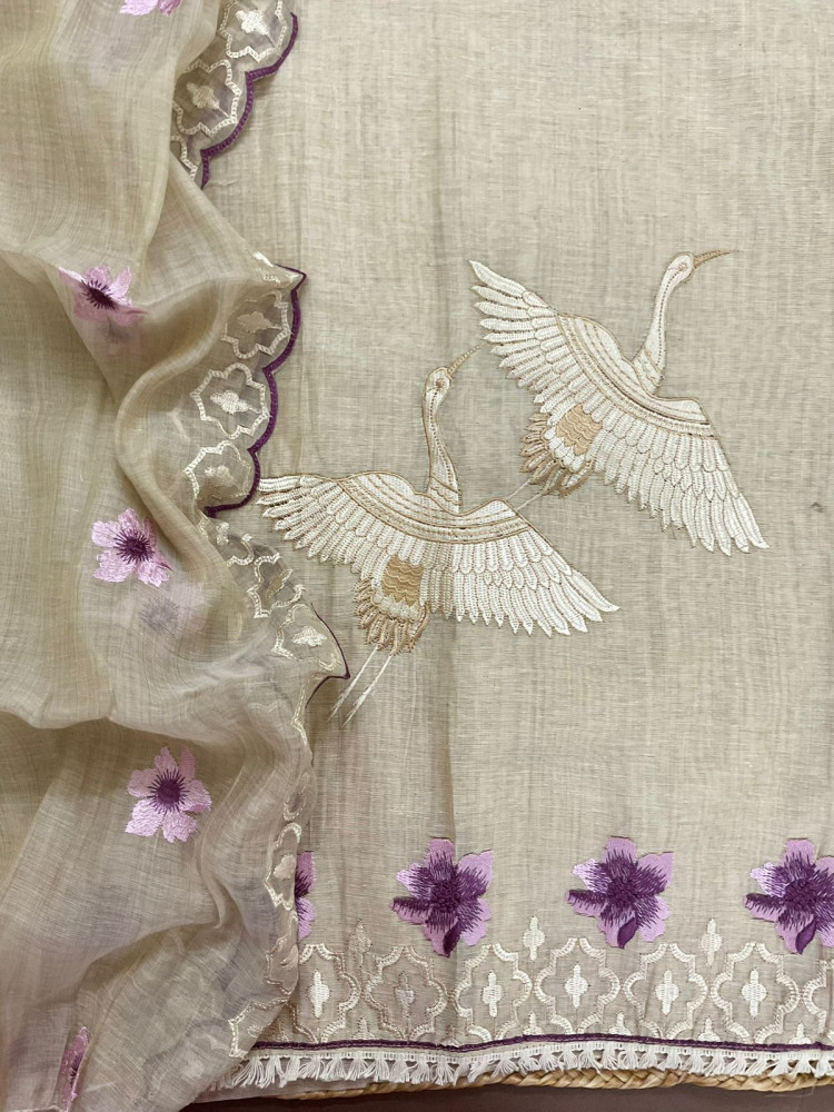 Image of Soft Slub Chanderi Embroidered Suit - Beige