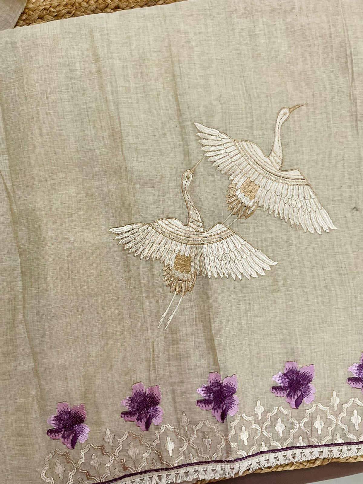 Soft Slub Chanderi Embroidered Suit - Beige