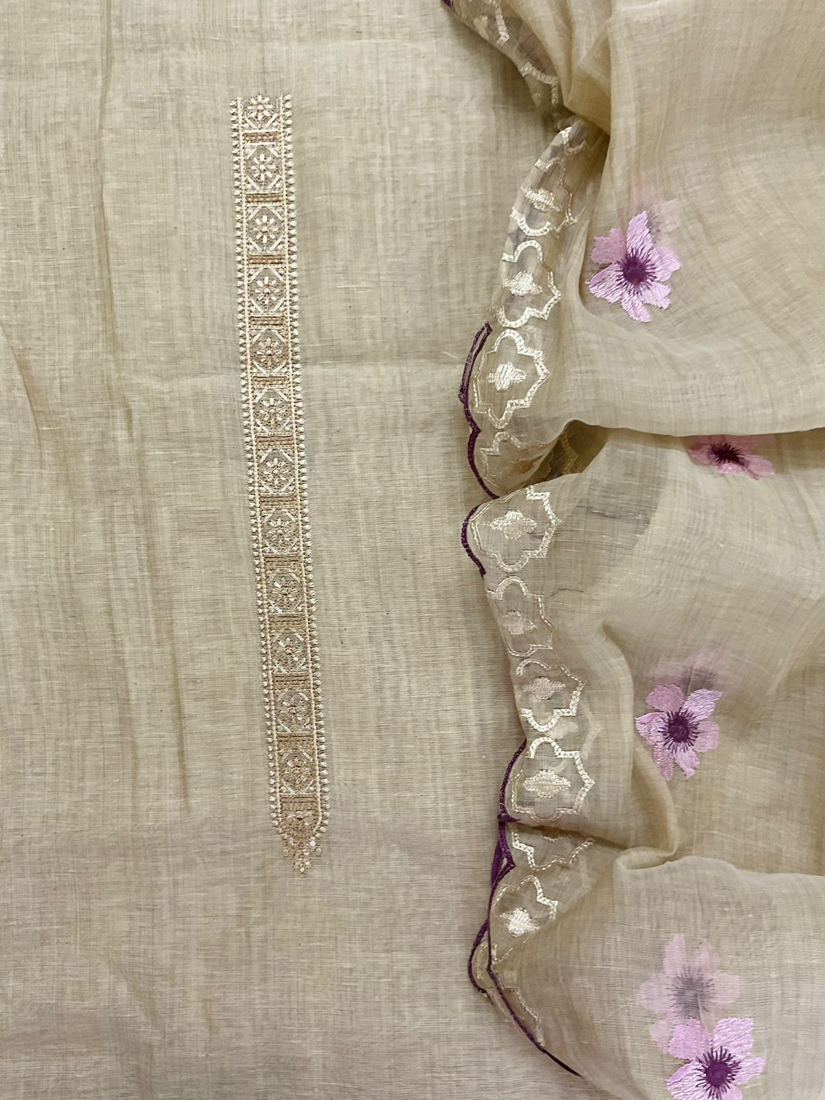 Soft Slub Chanderi Embroidered Suit - Beige