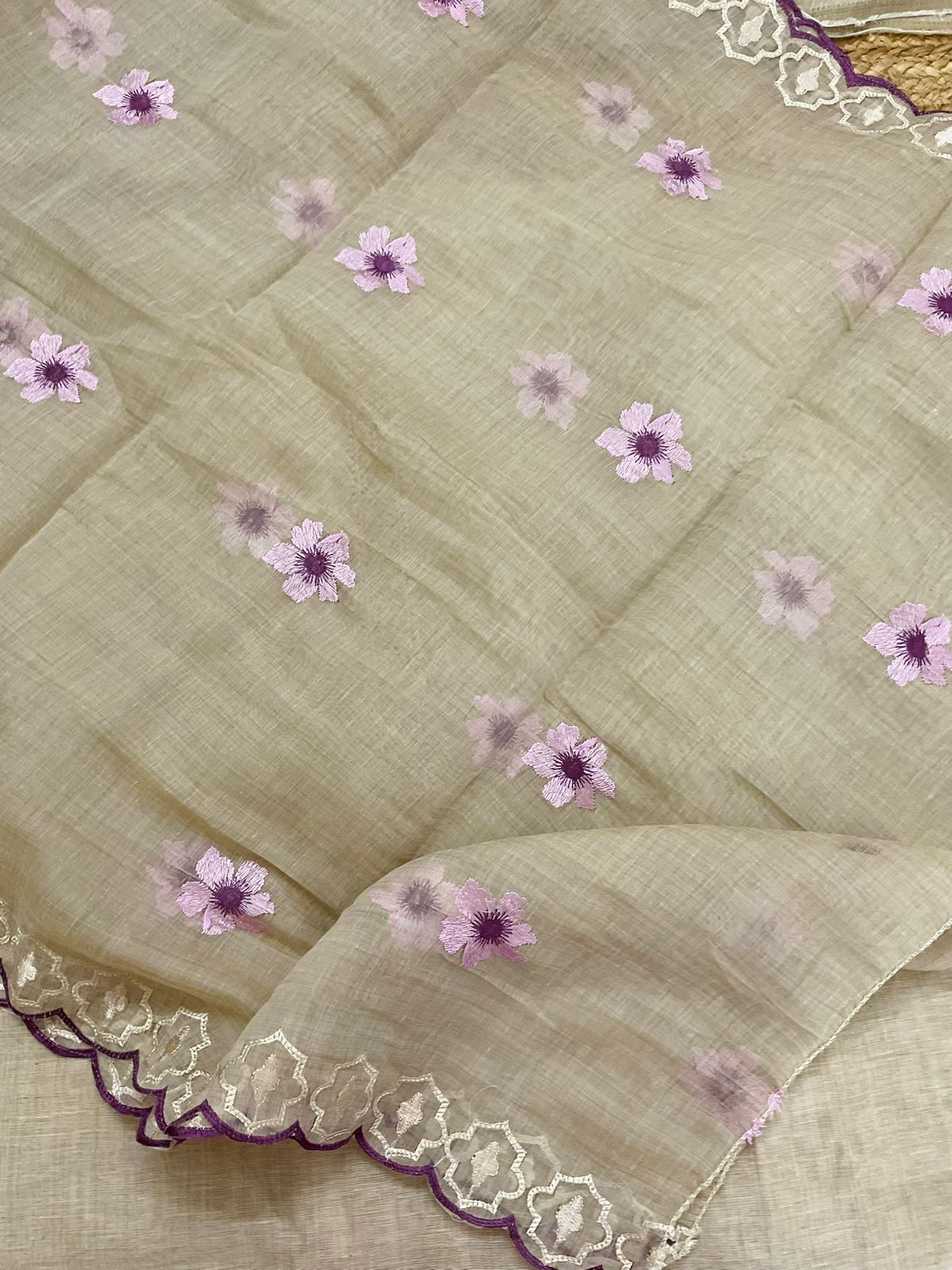 Soft Slub Chanderi Embroidered Suit - Beige