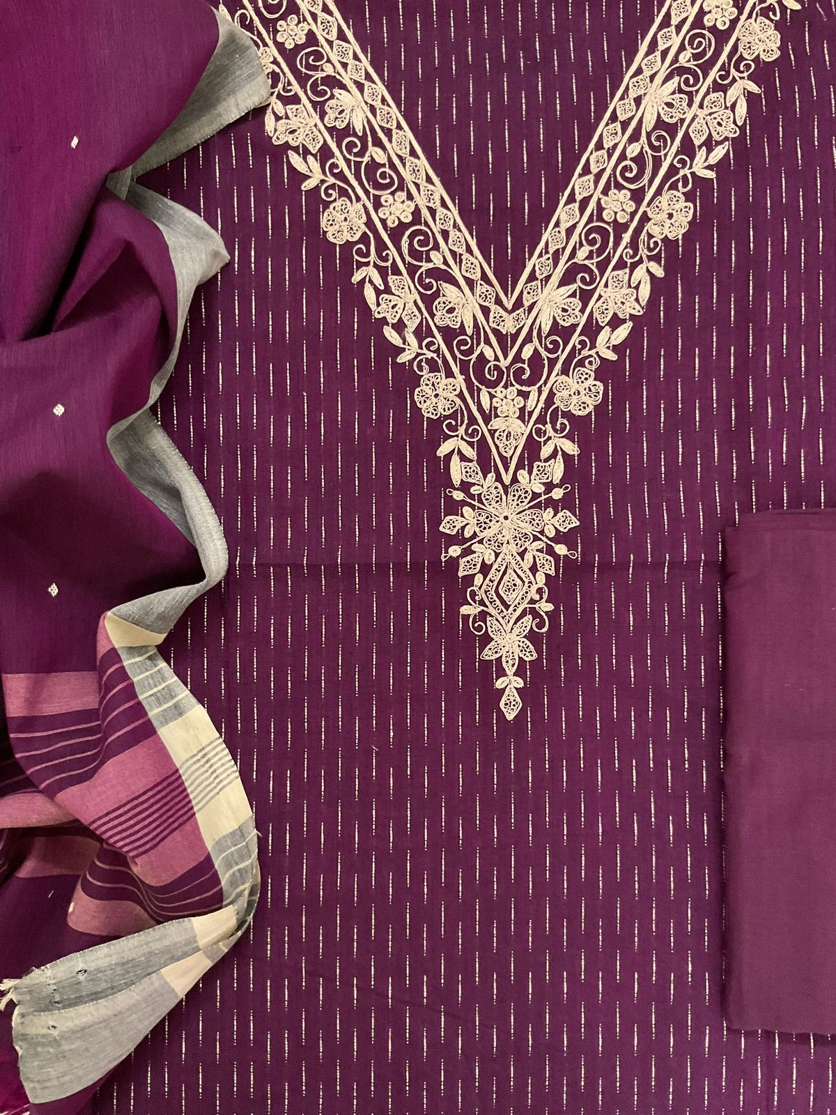 Pure Handloom Cotton Self Weaved Embroidered Suit - Wine