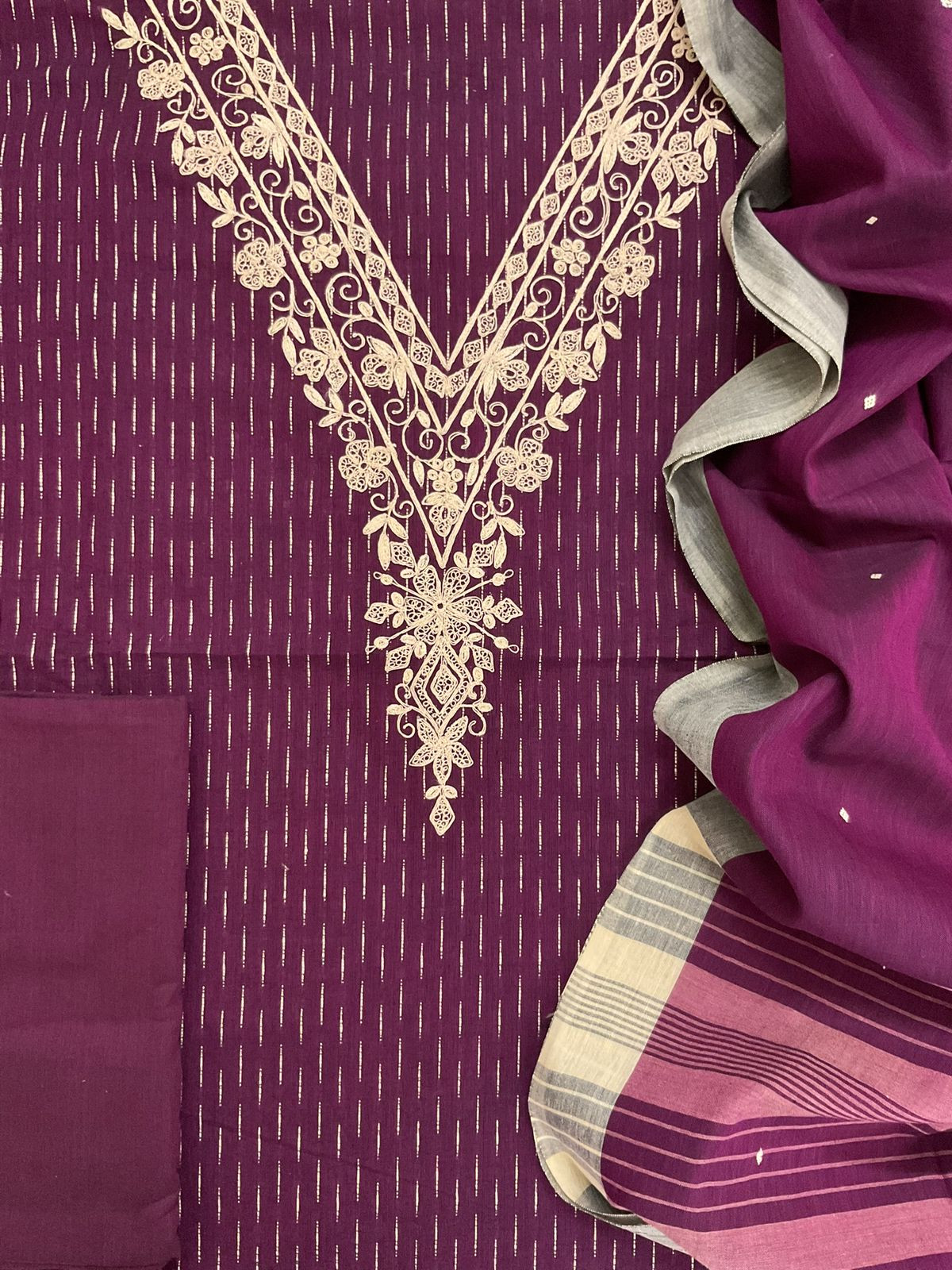 Pure Handloom Cotton Self Weaved Embroidered Suit - Wine