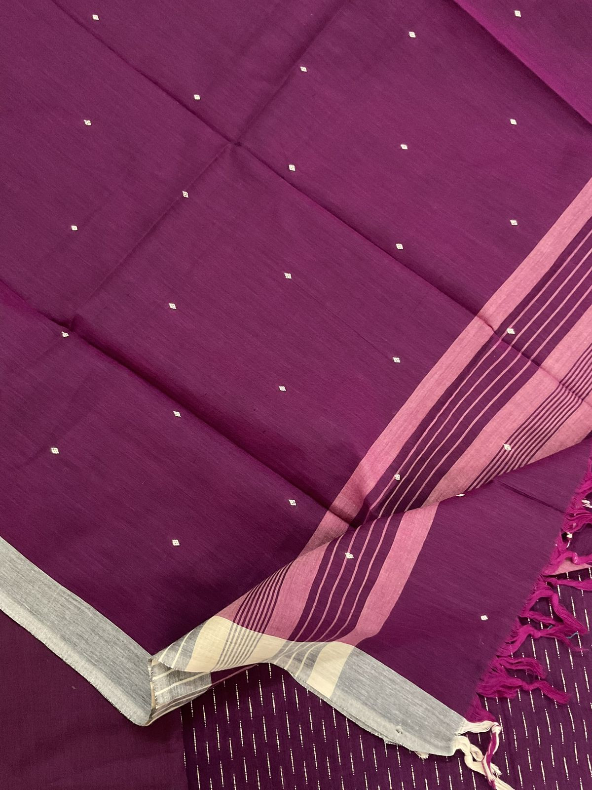 Pure Handloom Cotton Self Weaved Embroidered Suit - Wine