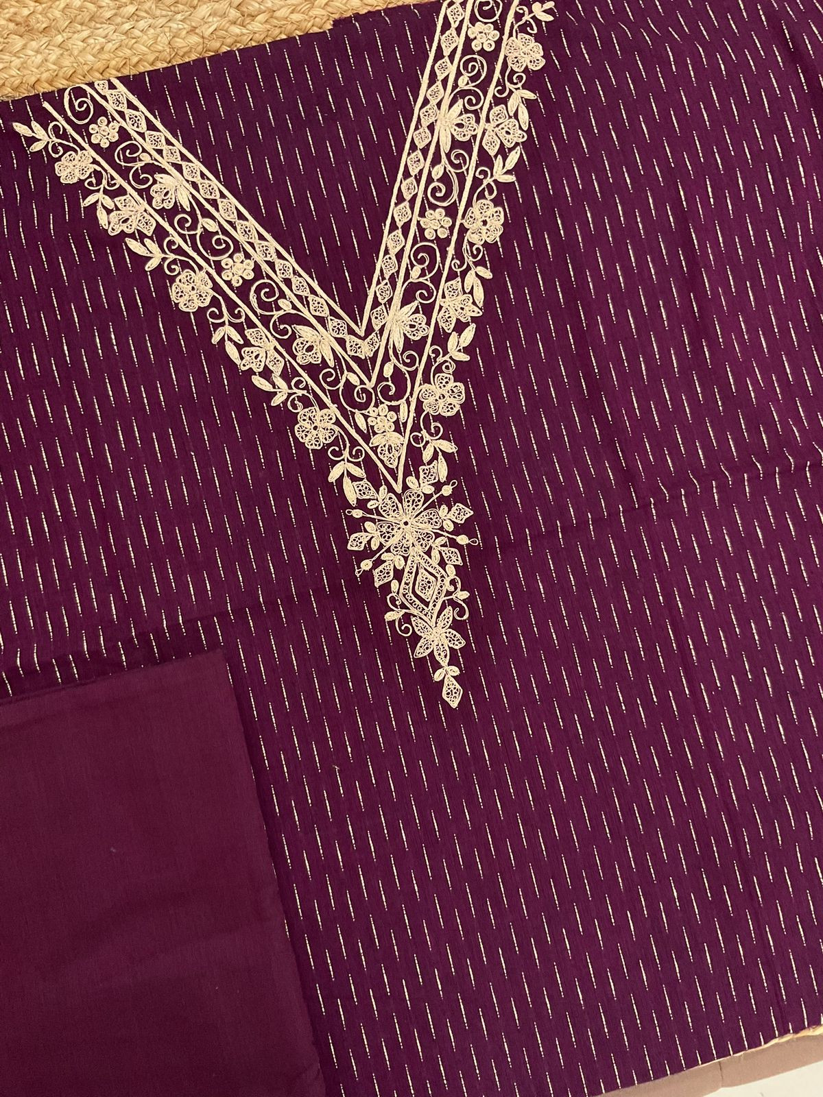 Pure Handloom Cotton Self Weaved Embroidered Suit - Wine
