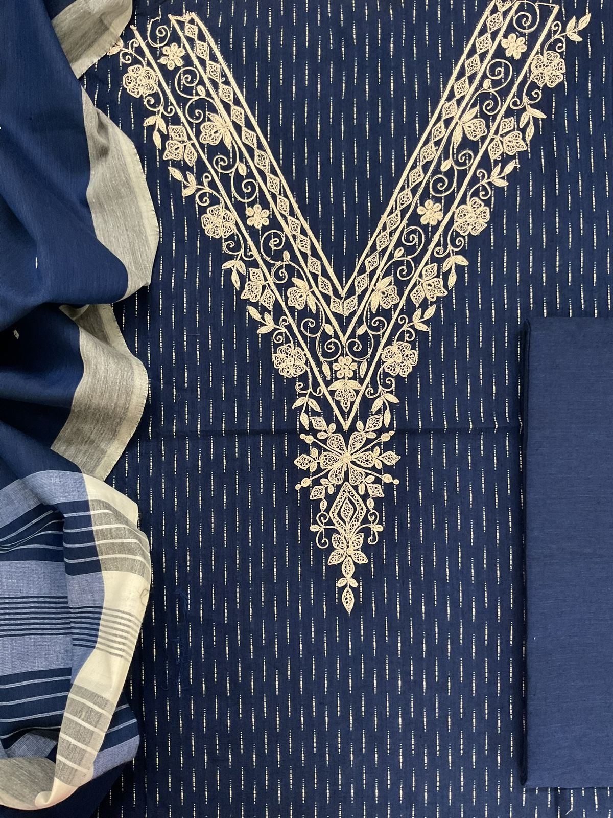 Pure Handloom Cotton Self Weaved Embroidered Suit - Blue