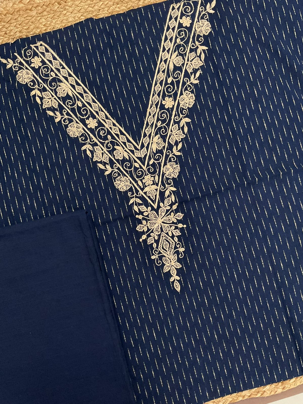 Pure Handloom Cotton Self Weaved Embroidered Suit - Blue