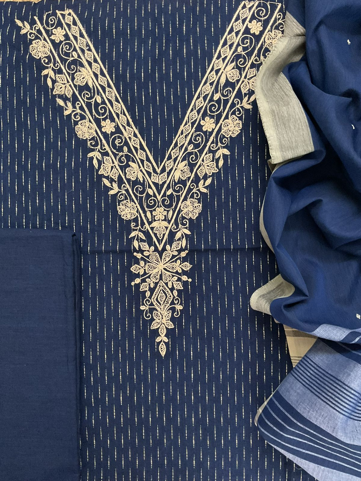 Pure Handloom Cotton Self Weaved Embroidered Suit - Blue