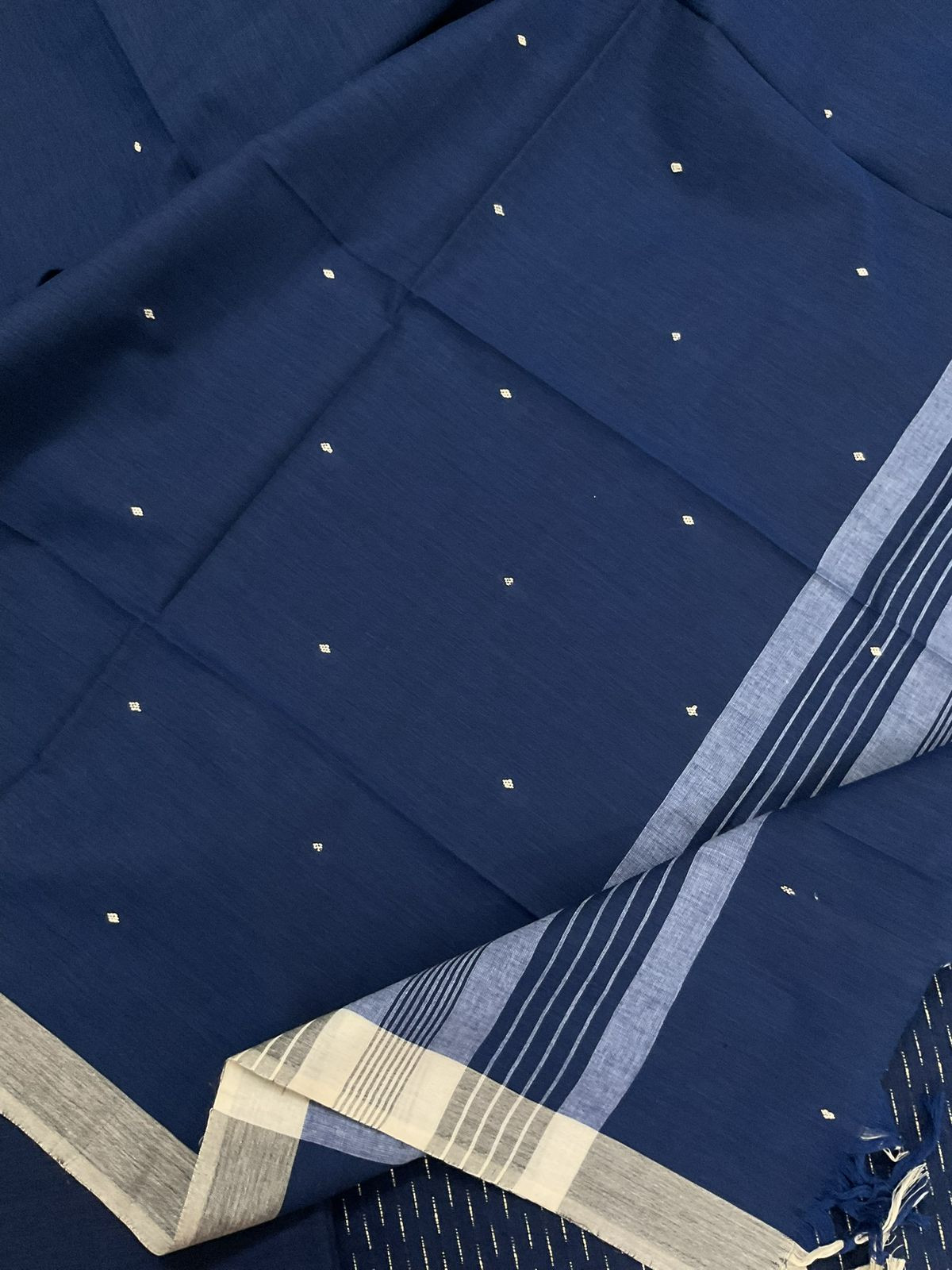 Pure Handloom Cotton Self Weaved Embroidered Suit - Blue