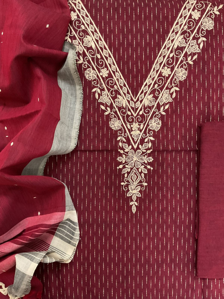 Image of Pure Handloom Cotton Self Weaved Embroidered Suit - Maroon