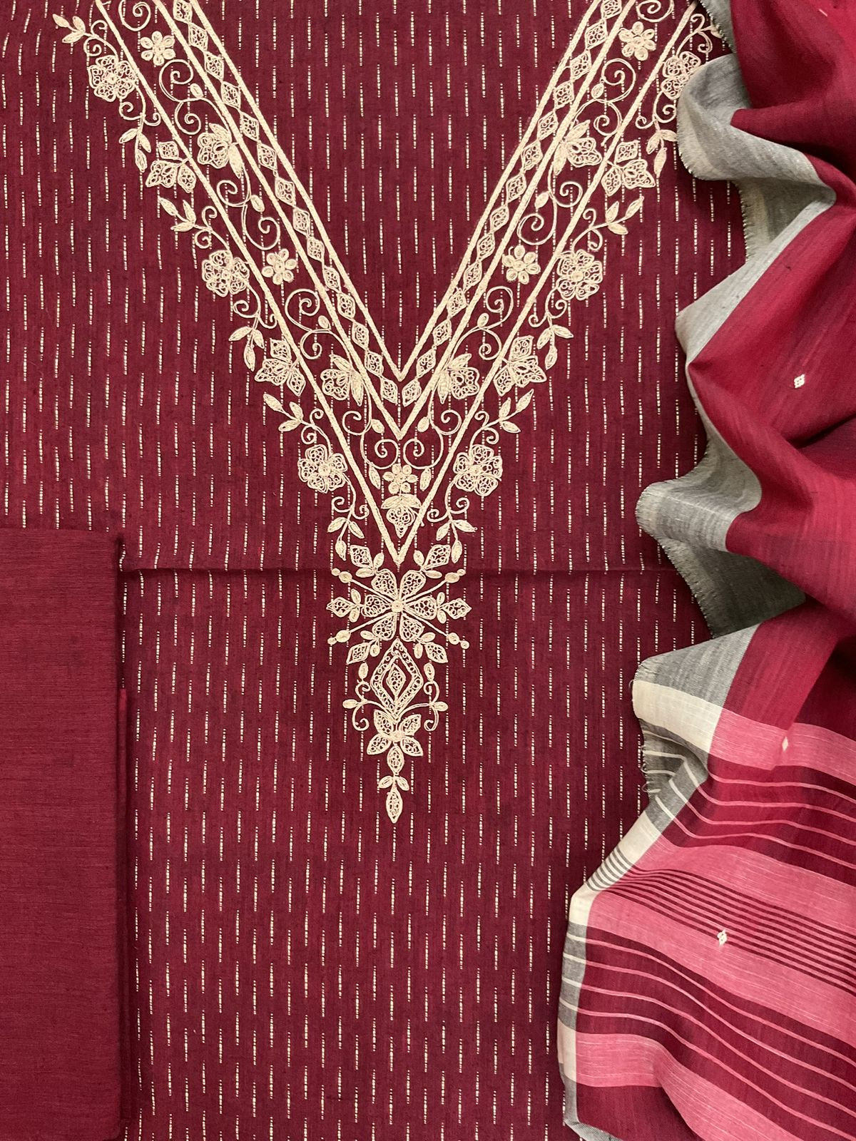 Pure Handloom Cotton Self Weaved Embroidered Suit - Maroon