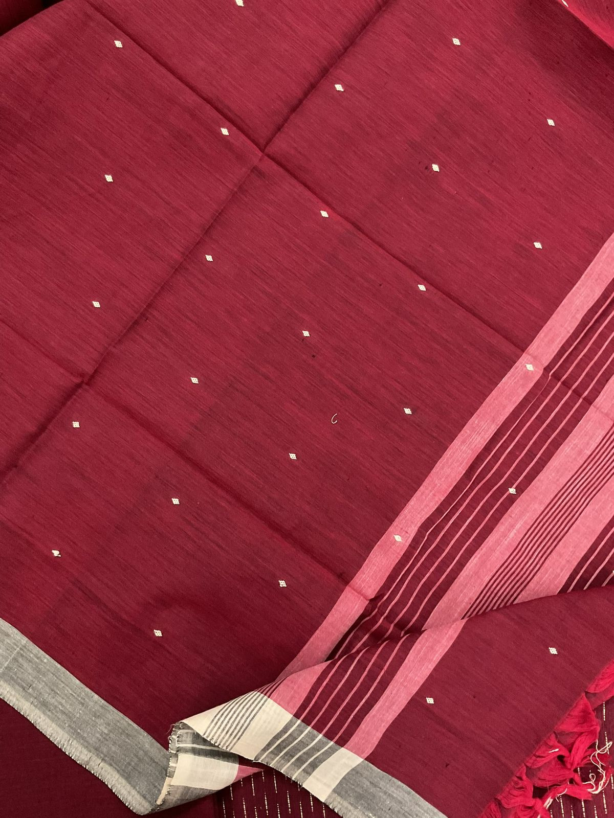 Pure Handloom Cotton Self Weaved Embroidered Suit - Maroon