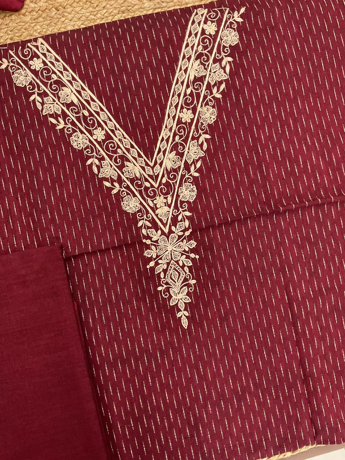 Pure Handloom Cotton Self Weaved Embroidered Suit - Maroon