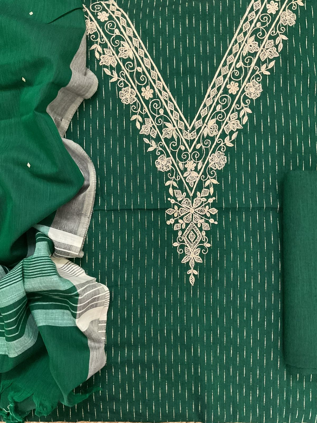 Pure Handloom Cotton Self Weaved Embroidered Suit - Green