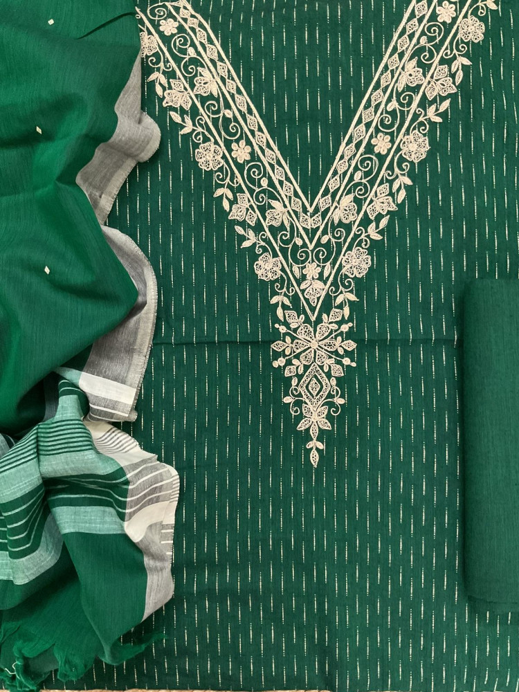 Image of Pure Handloom Cotton Self Weaved Embroidered Suit - Green