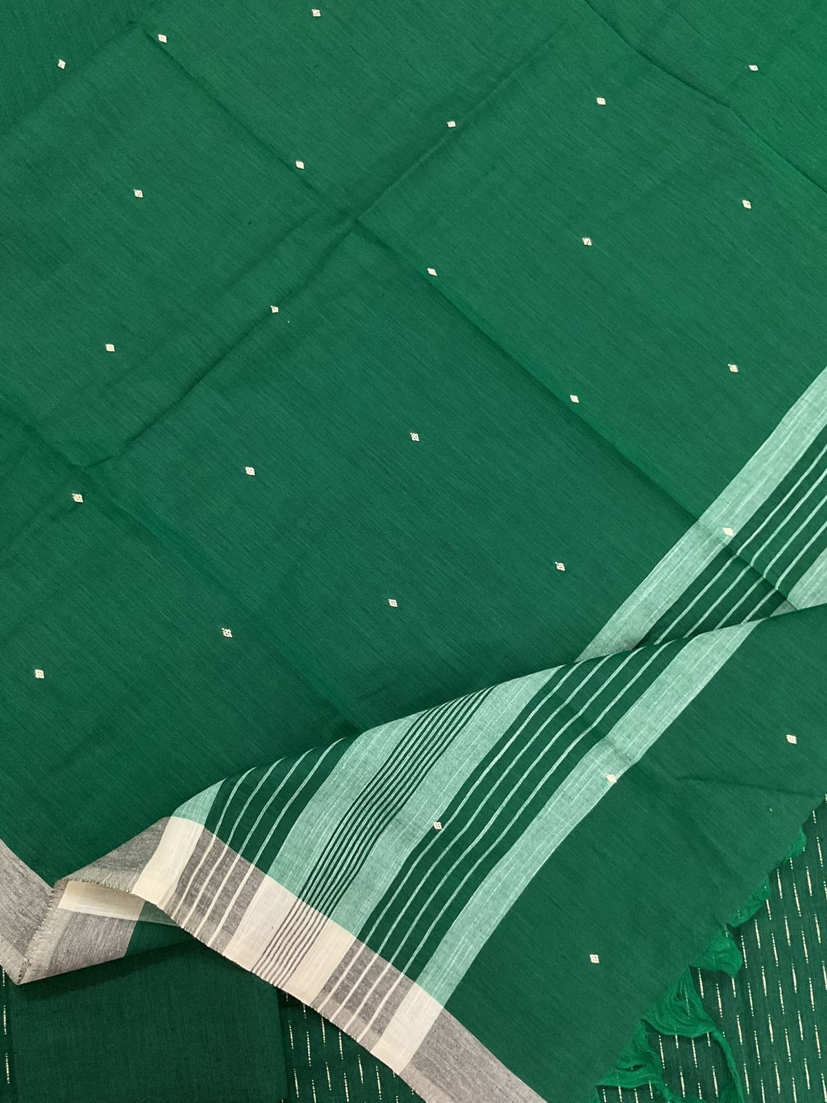 Pure Handloom Cotton Self Weaved Embroidered Suit - Green