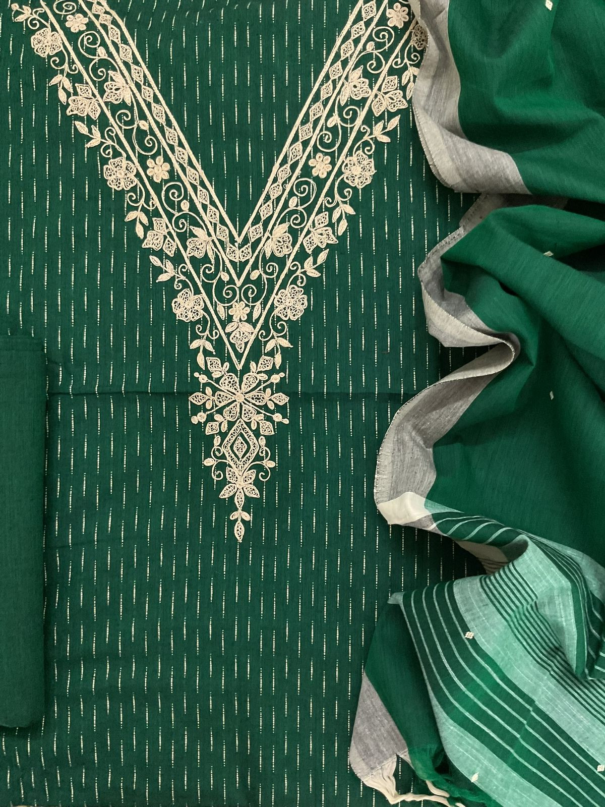 Pure Handloom Cotton Self Weaved Embroidered Suit - Green