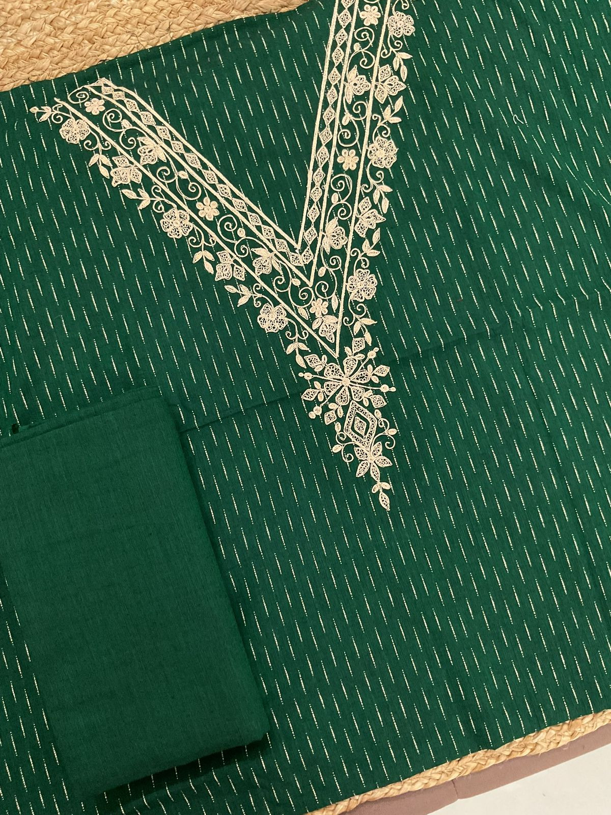 Pure Handloom Cotton Self Weaved Embroidered Suit - Green