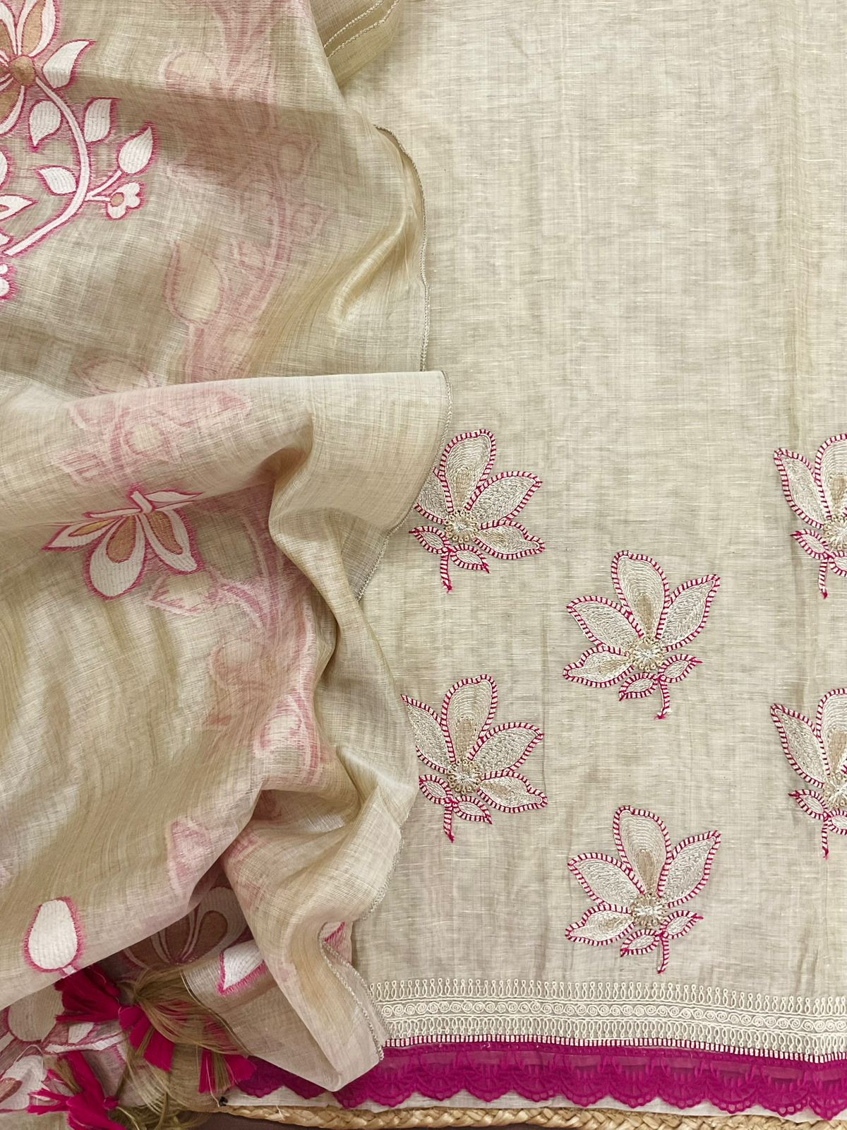 Soft Slub Chanderi Jamdani Weaved Embroidered Suit - Beige