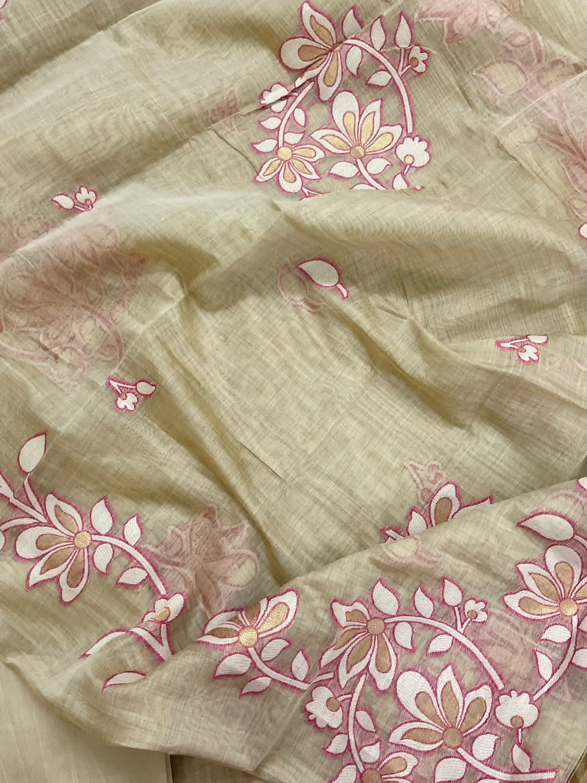 Soft Slub Chanderi Jamdani Weaved Embroidered Suit - Beige