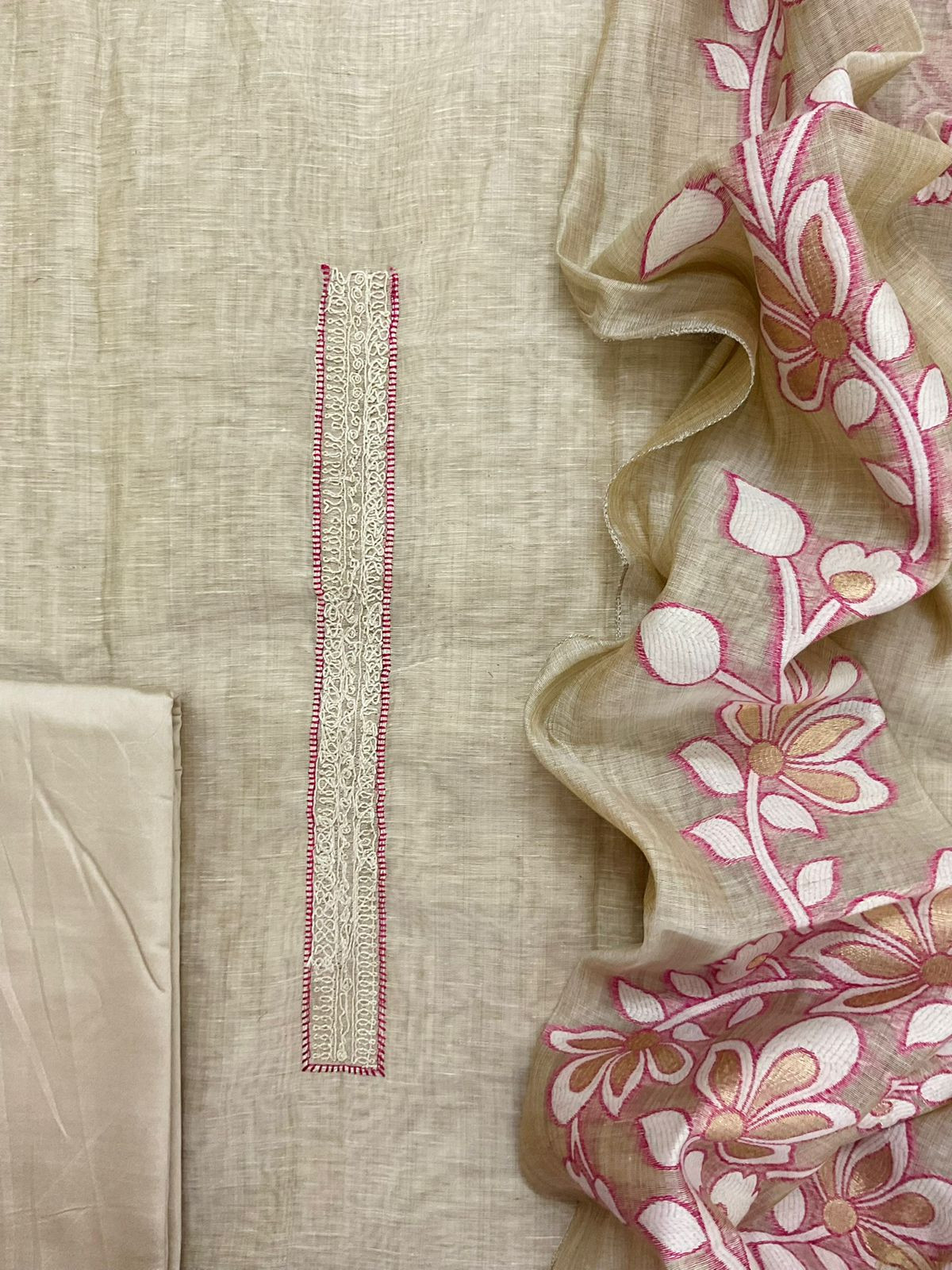 Soft Slub Chanderi Jamdani Weaved Embroidered Suit - Beige