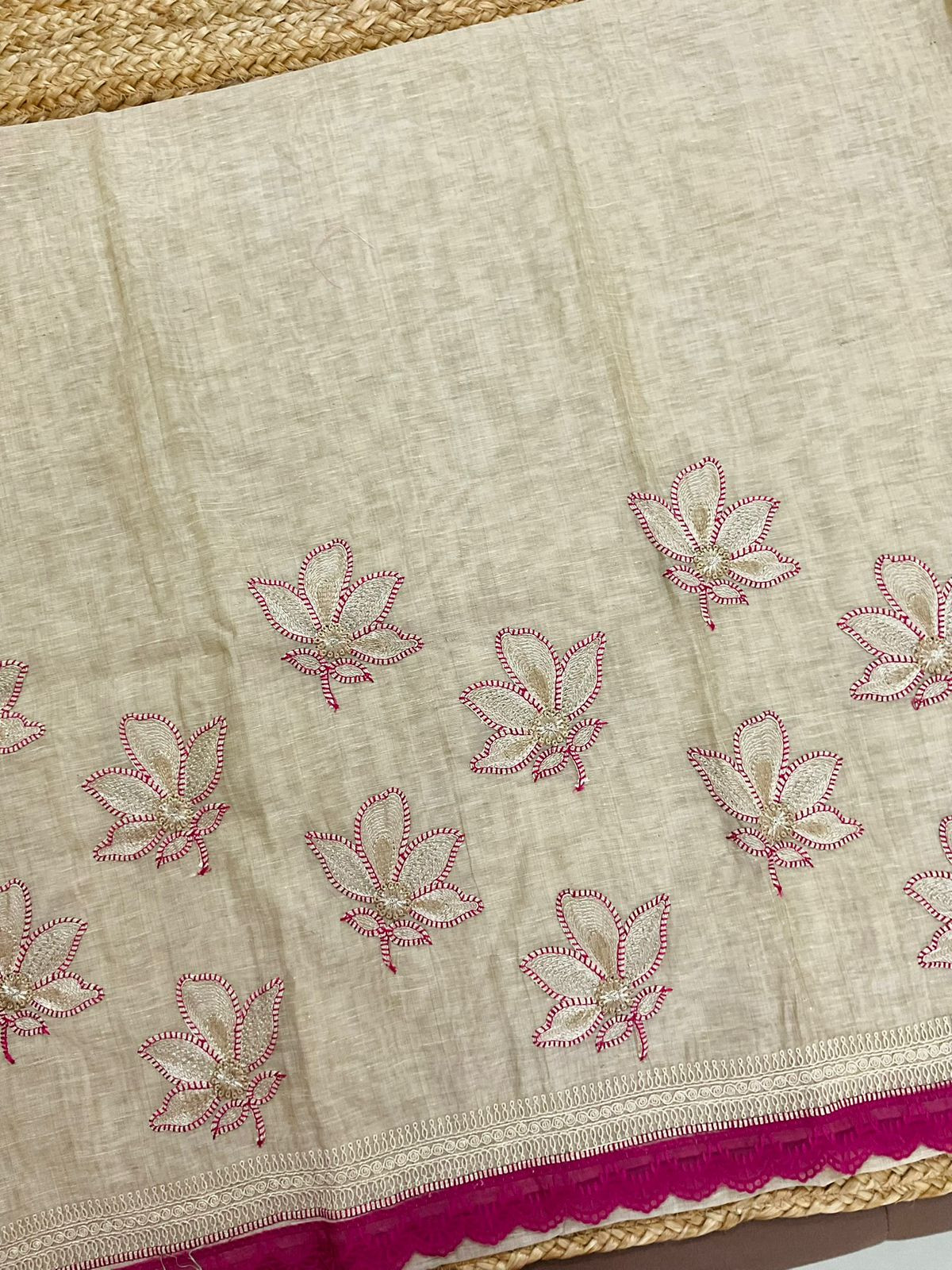 Soft Slub Chanderi Jamdani Weaved Embroidered Suit - Beige