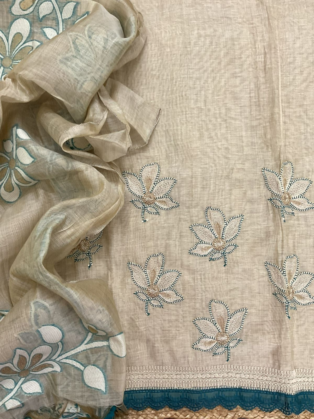 Soft Slub Chanderi Jamdani Weaved Embroidered Suit - Beige