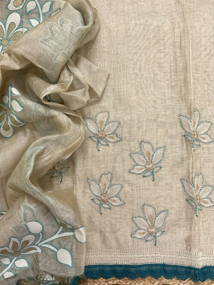 Image of Soft Slub Chanderi Jamdani Weaved Embroidered Suit - Beige