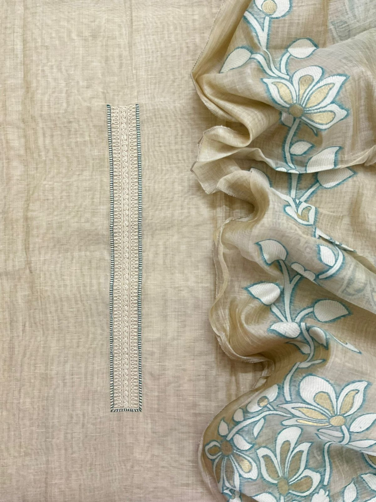 Soft Slub Chanderi Jamdani Weaved Embroidered Suit - Beige