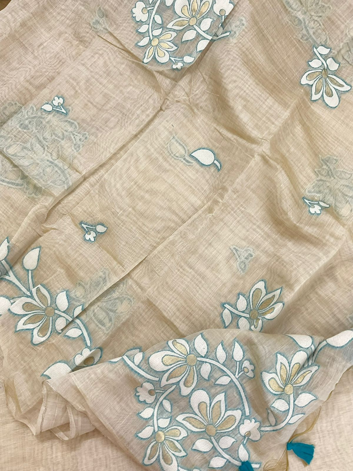 Soft Slub Chanderi Jamdani Weaved Embroidered Suit - Beige