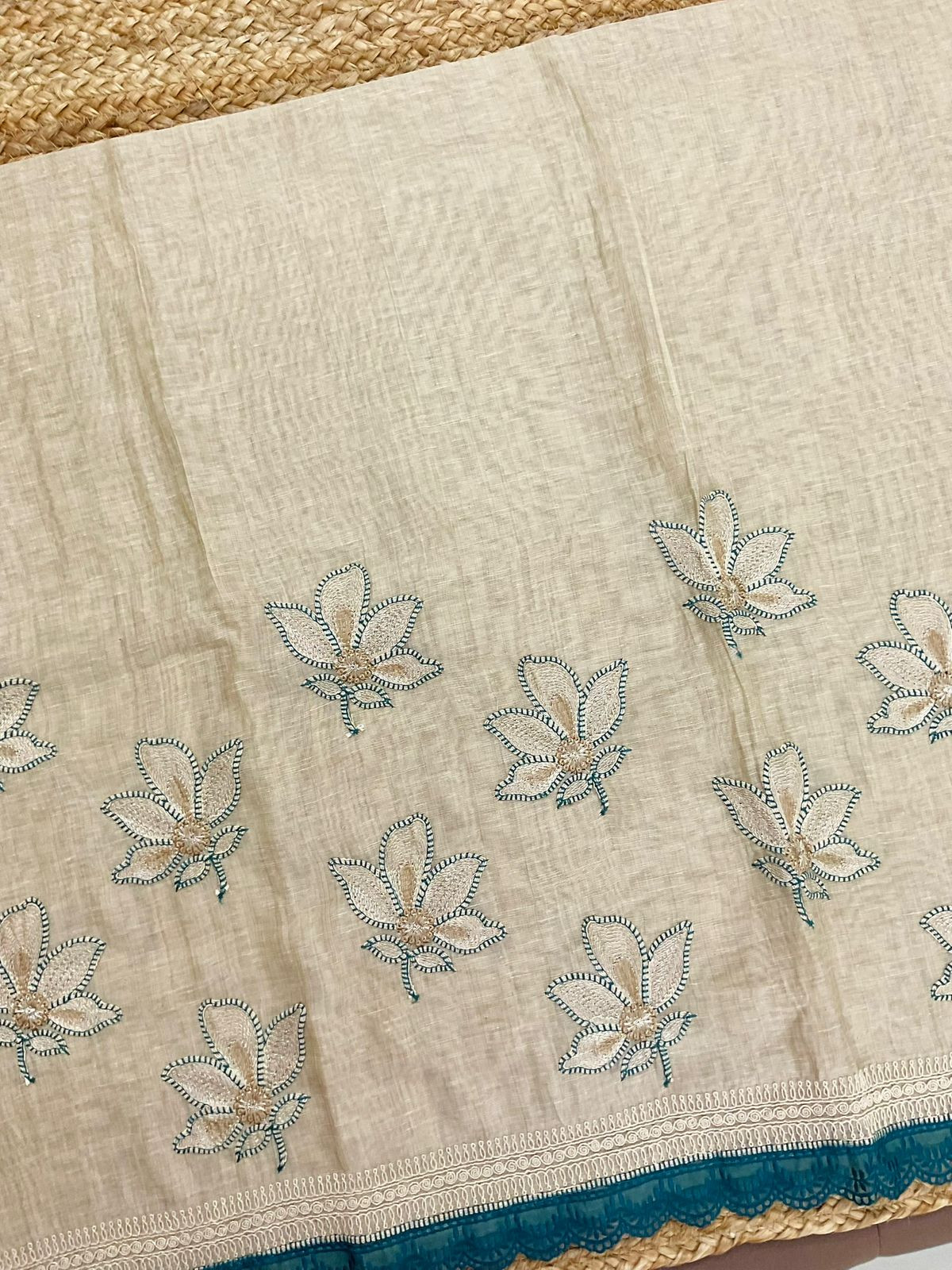 Soft Slub Chanderi Jamdani Weaved Embroidered Suit - Beige