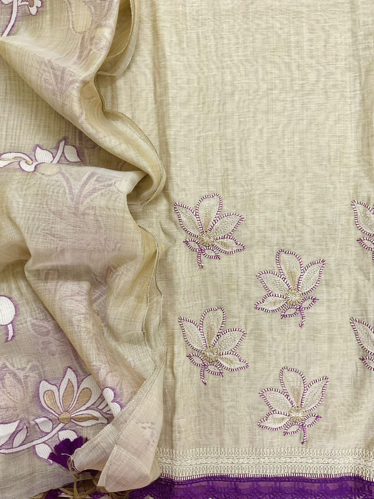 Soft Slub Chanderi Jamdani Weaved Embroidered Suit - Beige