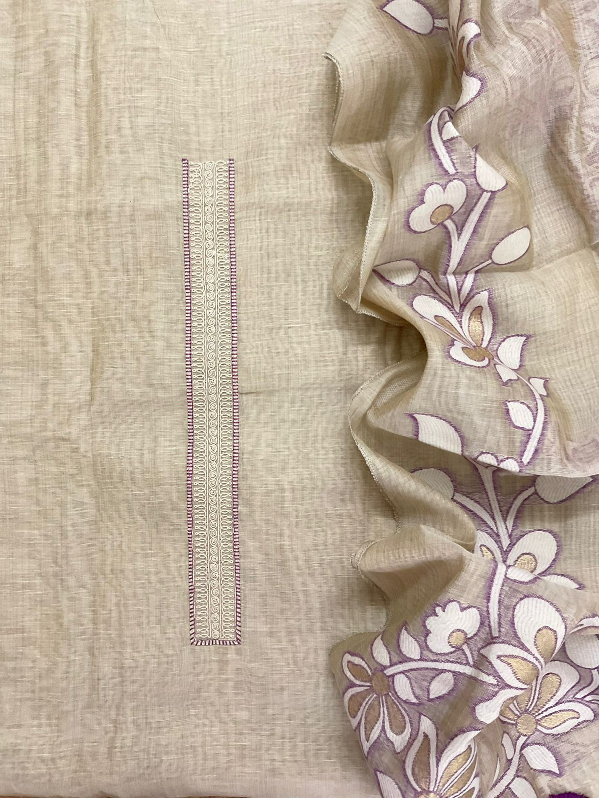 Soft Slub Chanderi Jamdani Weaved Embroidered Suit - Beige